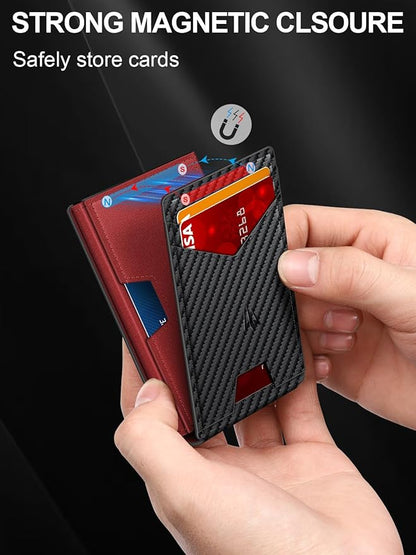 Wallet for Men, Slim Minimalist Wallet with Money Clip＆ID Window, RFID Blocking Pop-Up Credit Card Holder, Smart Auminum Mens Wallet Holds 9-13 Cards (Gift Box) (Carbon Fiber & Red)