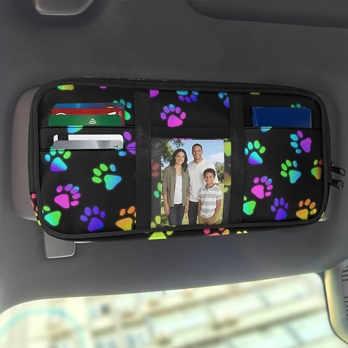 Car Sun Visor Storage Bag Colorful Dog Paw Spots Car SUV Storage Pouch Holder Auto Interior Accessories Pocket Organizer with Multi-Pocket