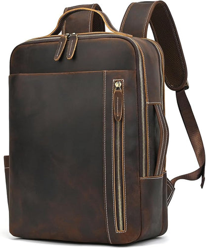LUUFAN Genuine Leather Shoulder Bag for Men, Casual Backpack Laptop Rucksack Business Daypack Travel Outdoor Bag, Brown