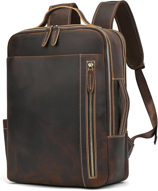 LUUFAN Genuine Leather Shoulder Bag for Men, Casual Backpack Laptop Rucksack Business Daypack Travel Outdoor Bag, Brown