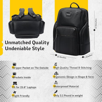LENZN Durable Leather Laptop Business Backpack Perfect for Men & Women, Work Backpack Fits 15.6 Inch, Premium Quality Travel Bag with USB Charging Port, Water-Resistant, Bookbag with Multiple Pockets