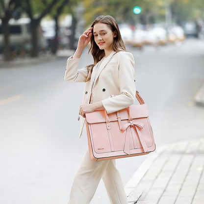 MOSISO Laptop Bag for Women, 17 inch PU Leather Laptop Shoulder Bags Convertible Backpack, 17.3 inch Messenger Bags Casual Handbag Work Briefcase Travel Computer Bag with Bowknot, Pink