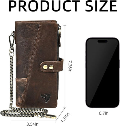 Genuine Crazy Horse Leather Travel Gift Coin Pocket Card Case Long Organizer Chain Rfid Wallet Purse With Snap For Men Male 1803 1815 (1803 Green)