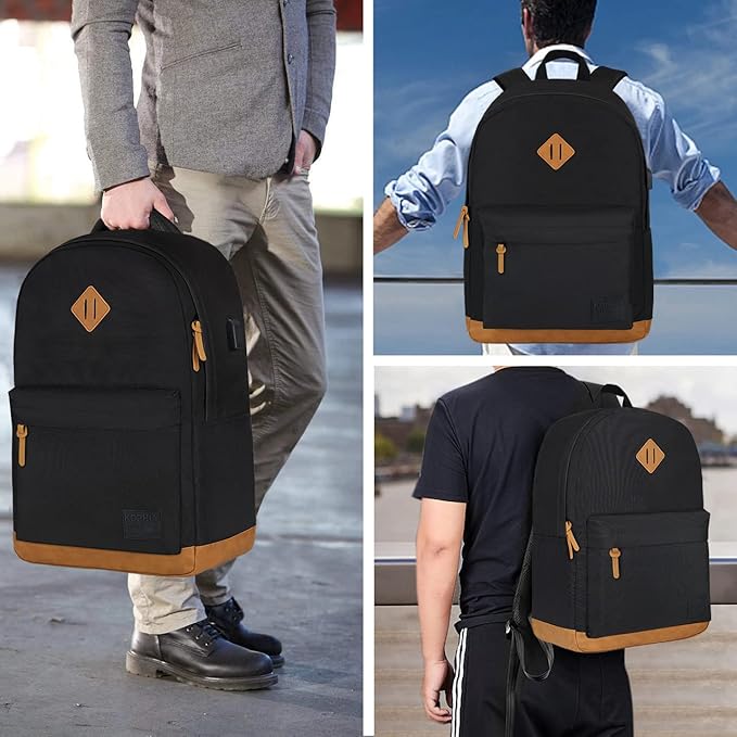 Laptop Backpack with Leather Decoration, USB Charging Port, Classic Backpack for College, Work, Travel(18 Inches/Grey