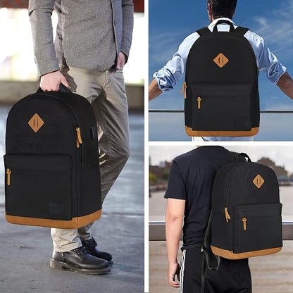 Laptop Backpack with Leather Decoration, USB Charging Port, Classic Backpack for College, Work, Travel(18 Inches/Grey