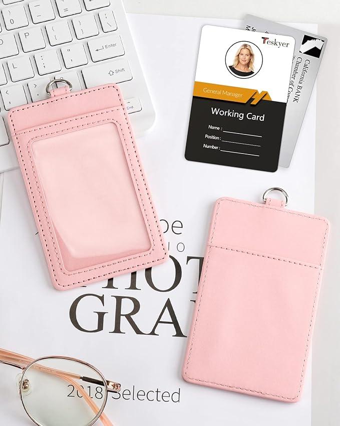 Teskyer Badge Holder with Lanyard, Leather ID Name Badge Card Holder with Lanyard for ID Badges, Vertical, Starry Pink