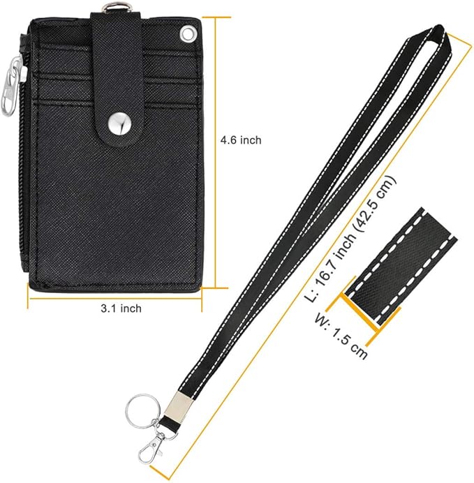 HASFINE 2 Pack ID Badge Holder with Lanyard,2 Sided 5 Card Slots ID Card Holder Wallet with PU Leather Zipper Pocket and Detachable Keychain Lanyard for Teens Men Women(Black)