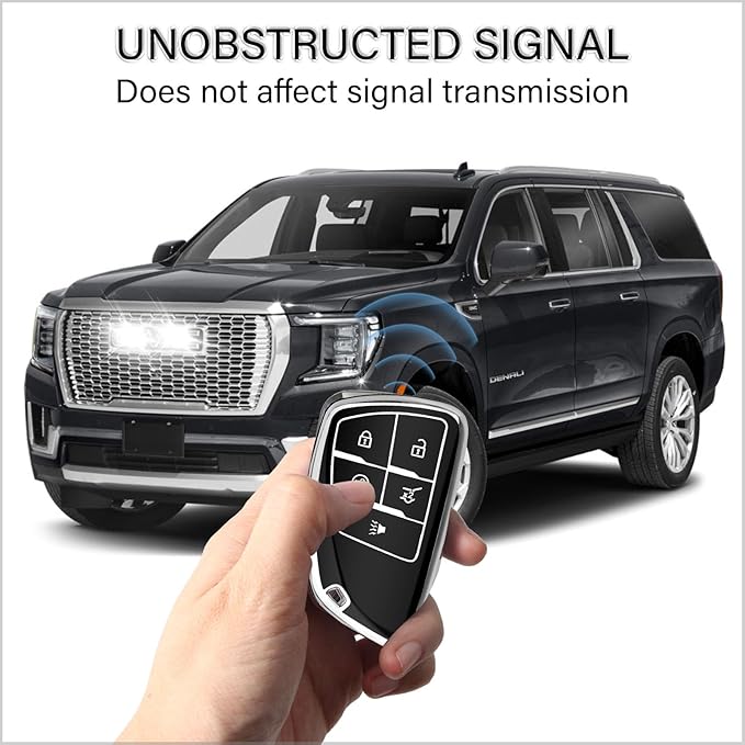 QBUC for Chevy Key Fob Cover with Keychain Soft TPU Protection Case Compatible with 2021-2026 Chevy Equinox Blazer Tahoe Suburban GMC Yukon Denali Silverado 5-Buttons(Chrome Trim Black)