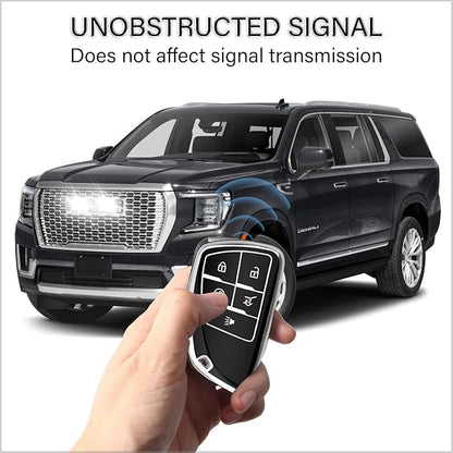 QBUC for Chevy Key Fob Cover with Keychain Soft TPU Protection Case Compatible with 2021-2026 Chevy Equinox Blazer Tahoe Suburban GMC Yukon Denali Silverado 5-Buttons(Chrome Trim Black)
