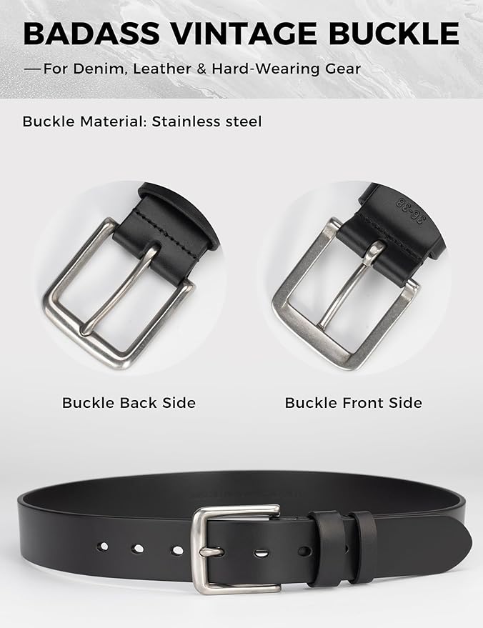 Mens Heavy Duty Full Grain Leather Belt - 1 1/2 Italian Genuine Leather with Sturdy Buckle for Jeans Casual Pants