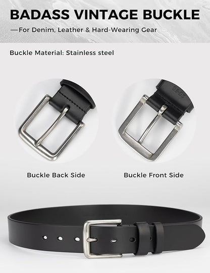 Mens Heavy Duty Full Grain Leather Belt - 1 1/2 Italian Genuine Leather with Sturdy Buckle for Jeans Casual Pants