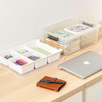 MACOPRO 17 QT Plastic Storage Box with Removable Tray, Bins with Lids, 2 Packs Clear Storage Container for Craft Supplies, Beads, Tools, Sewing, and Playdoh Organization(White, 2Pack-17QT)