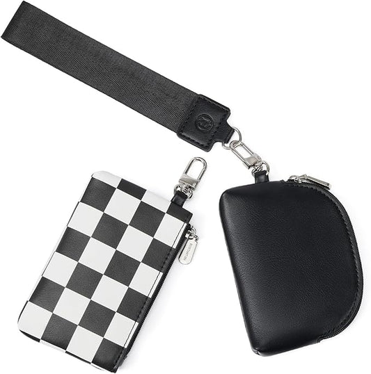 BOSTANTEN Small Wallet Checkered, Wristlet Wallets for Women RFID Detachable Dual Pouch Keychain Wristlet Wallet Cute Coin Purse, Black and White