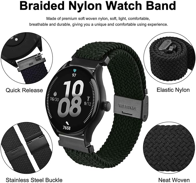 WOCCI 22mm Braided Nylon Watch Band for Men and Women, Quick Release, Black Stainless Steel Buckle (Black)