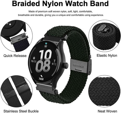 WOCCI 22mm Braided Nylon Watch Band for Men and Women, Quick Release, Black Stainless Steel Buckle (Black)