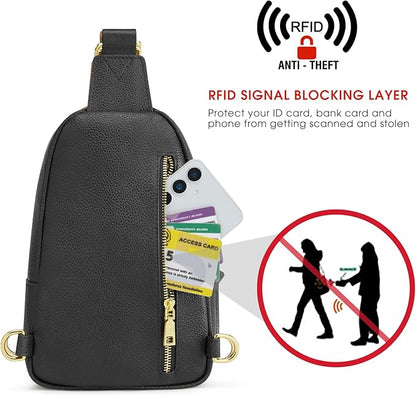 Kattee Sling Bag for Women, Leather Fanny Packs Crossbody Purse, Small Chest Bag with RFID Blocking, Black