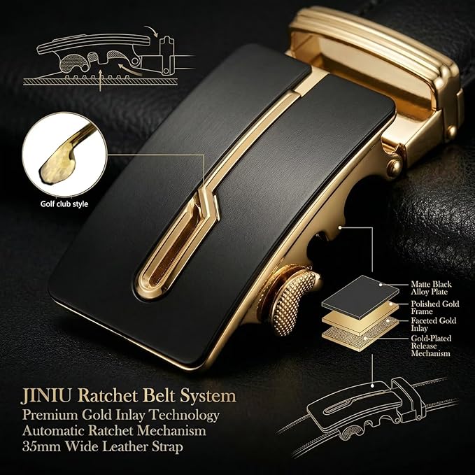 JINIU Men's Ratchet Belt Buckle, Black Genuine Leather Slide Belt for Men Dress Suit, Micro Adjustable Trim to Fit Boxed