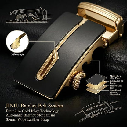 JINIU Men's Ratchet Belt Buckle, Black Genuine Leather Slide Belt for Men Dress Suit, Micro Adjustable Trim to Fit Boxed