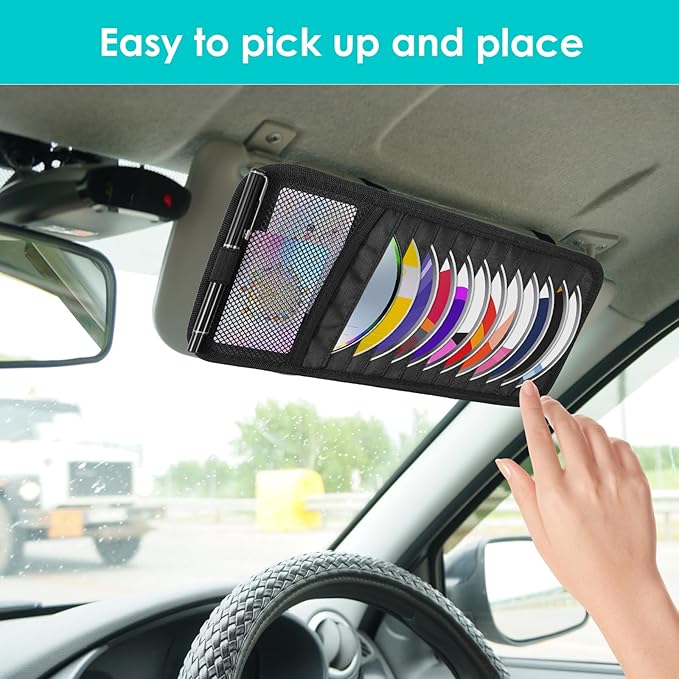 Trinkrittey Car CD Case Holder, Vehicle Sun Visor Organizer DVD Vehicle Visor Storage Organizer with 12 DVD Storage Sleeves, 1 Mesh Pocket, 1 Pen Holder and Elastic Strap