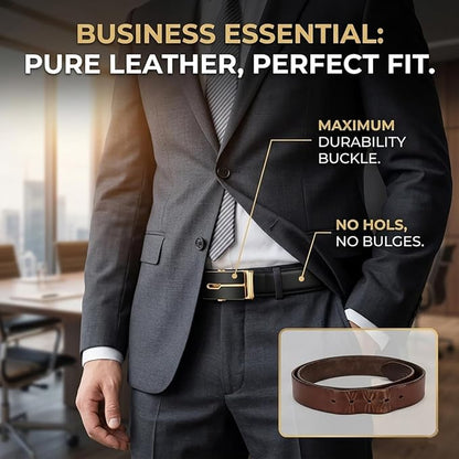 JINIU Men's Ratchet Belt Buckle, Black Genuine Leather Slide Belt for Men Dress Suit, Micro Adjustable Trim to Fit Boxed