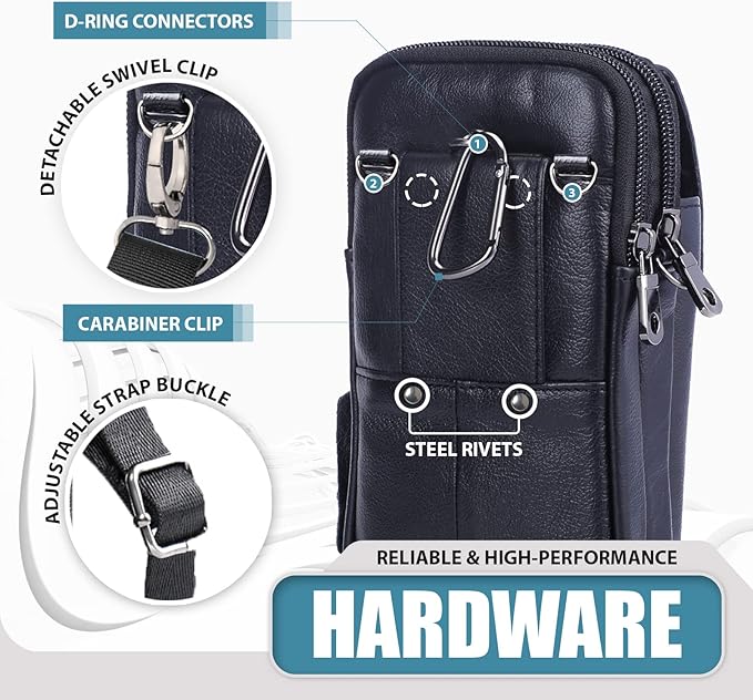 Hengwin Leather Phone Pouch Fits for iPhone 16 Pro Max 15 Plus 14 Pro Max 13 Pro Max 12 Pro Max Samsung Galaxy S24 Ultra S23 Ultra S22 Ultra Holster Belt Clip Case Crossbody Purse Shoulder Bag (Black)
