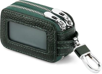 SENDEFN Car Key Fob Case Double Zipper Leather Smart Remote Keychain Protector Holder with Transparent Window