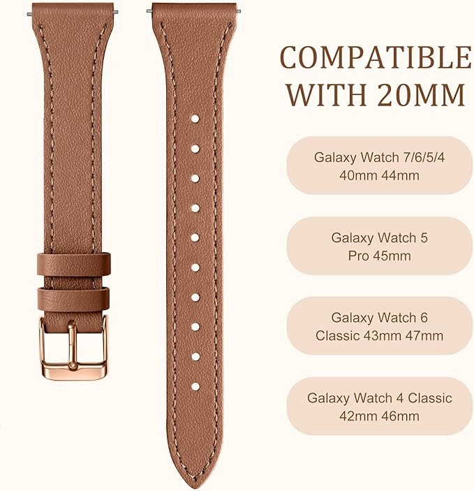 GEAK Slim Leather Band Compatible with Galaxy Watch 7 Band/6 5 4 FE 40mm 44mm/5 pro 45mm/Classic/Galaxy Active 2, 20mm Genuine Leather Strap with Quick Release Buckle for Samsung Watch Bands Women