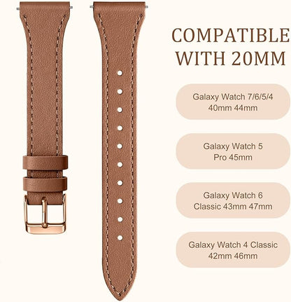 GEAK Slim Leather Band Compatible with Galaxy Watch 7 Band/6 5 4 FE 40mm 44mm/5 pro 45mm/Classic/Galaxy Active 2, 20mm Genuine Leather Strap with Quick Release Buckle for Samsung Watch Bands Women