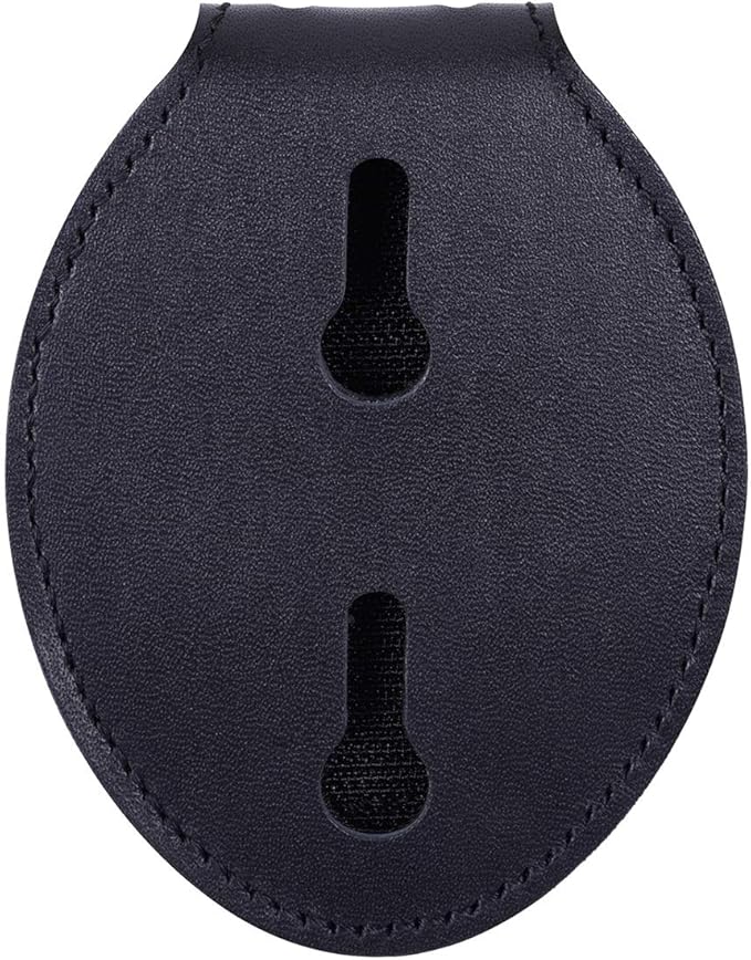 Wisdompro Police Badge Holder, Cowhide Leather Universal Police Badge Holder Pocket Case with Stationary Mn-Steel Belt Clip, Hook and Loop Closure and Stainless Bead Chain Necklace- Oval Shape