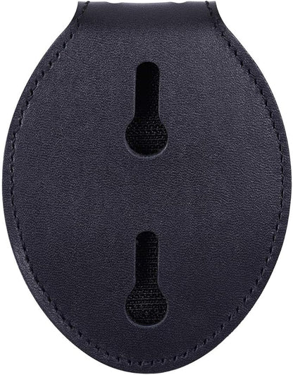 Wisdompro Police Badge Holder, Cowhide Leather Universal Police Badge Holder Pocket Case with Stationary Mn-Steel Belt Clip, Hook and Loop Closure and Stainless Bead Chain Necklace- Oval Shape