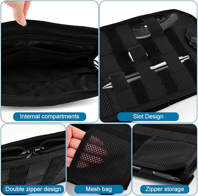 Car Sun Visor Organizer with Zipper Storage Pouch & Glasses Clip – Semi-Rigid MOLLE Panel with Patch – Universal Fit for Vehicles, SUVs, Trucks(Black)