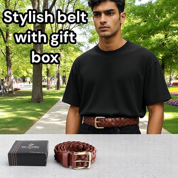 F&L CLASSIC Leather Braided Belts for Men - Mens Casual Woven Leather Belt for Dress Pants