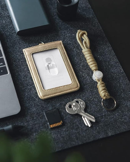 VULKIT ID Badge Holder with Lanyard for Women and Men Vertical Leather Badge Holder with Clear ID Window Card Holder Slot and Money Pocket Gold