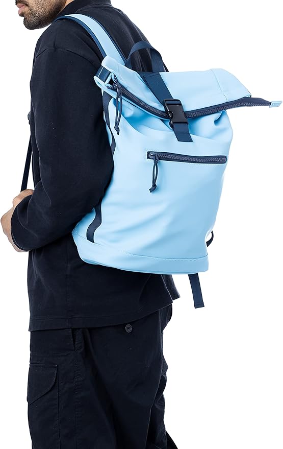 X RAY Roll Top Laptop Backpack for Men Women, PU Leather Expandable Roll Up Backpack Capacity Adjustable 22L & Fits 15.6" Laptop, Carolina Blue/Navy
