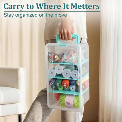 BTSKY Clear Plastic Dividing Storage Box with 4 Deep Compartments Adjustable Storage Bin with Lid Portable Craft Storage Container Multipurpose Sewing Box Art Supply Organizer, 13.9x7.9x6.2 Inches