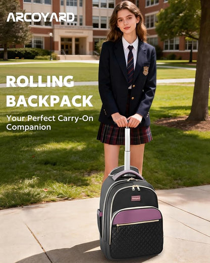 Arcoyard Rolling Backpack for Women, 17 Inch Laptop Backpack With Wheels for Adults, Large Water Resistant Wheeled Carry On Luggage Roller Bag, Flight Approved for Work, Travel, College, Black Purple
