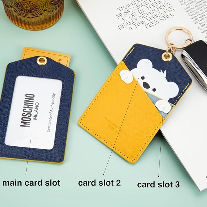PU Leather ID Badge Holder with Keychain - Cartoon Animal Cute ID Badge Holder, 3 Card Slots for Professionals, Students, Nurse Officer, School Women Girls Boys (Brown)