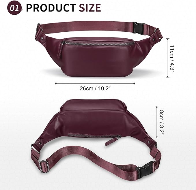 Faux Leather Belt Bag for Men, Crossbody Sling Bag with Adjustable Strap, Back Zipper Pocket, Large Capacity Waist Pack for Travel, Work, Every, Purple