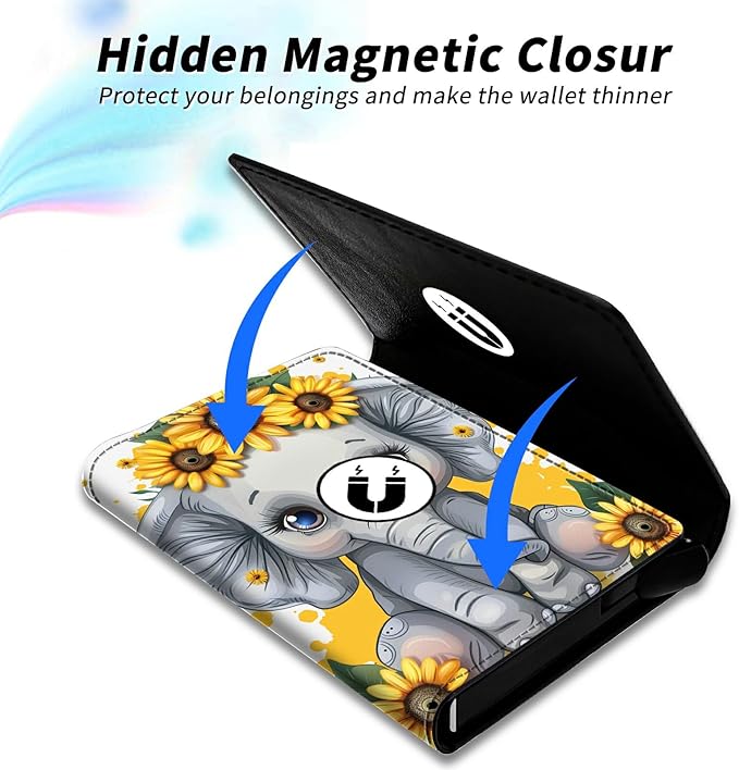 Sunflower Elephant Minimalist Wallet for Men, Pop Up Card Case Wallet for Women, PU Leather Automatic Credit Card Holder Metal Money Clip Wallet RFID Blocking Bifold Pocket Wallet