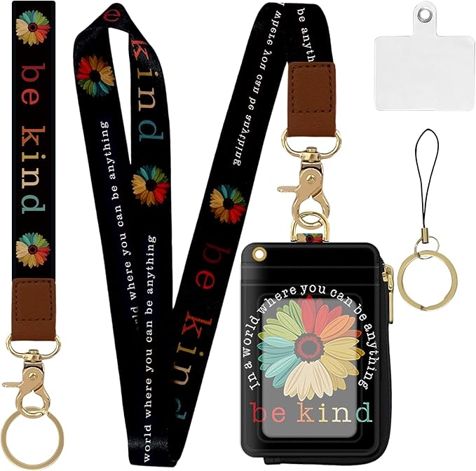 2-in-1 ID Badge Holder & Lanyard Wallet,Multi Use Womens Small Wallet with Zipper Pocket for Women Men with Wristlet and Neck Lanyard 5 Card Slots Work Essential (Be Kind)