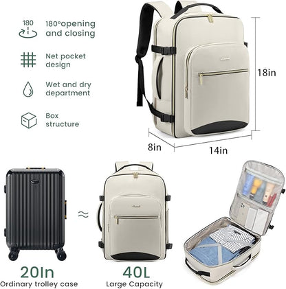 LOVEVOOK 40L Large Travel Backpack for Women Men, 17 Inch Carry on Backpack for Traveling on Airplane, Personal Item Travel Bag Airline Approved, Business Causal Weekender Backpack, Beige-Black