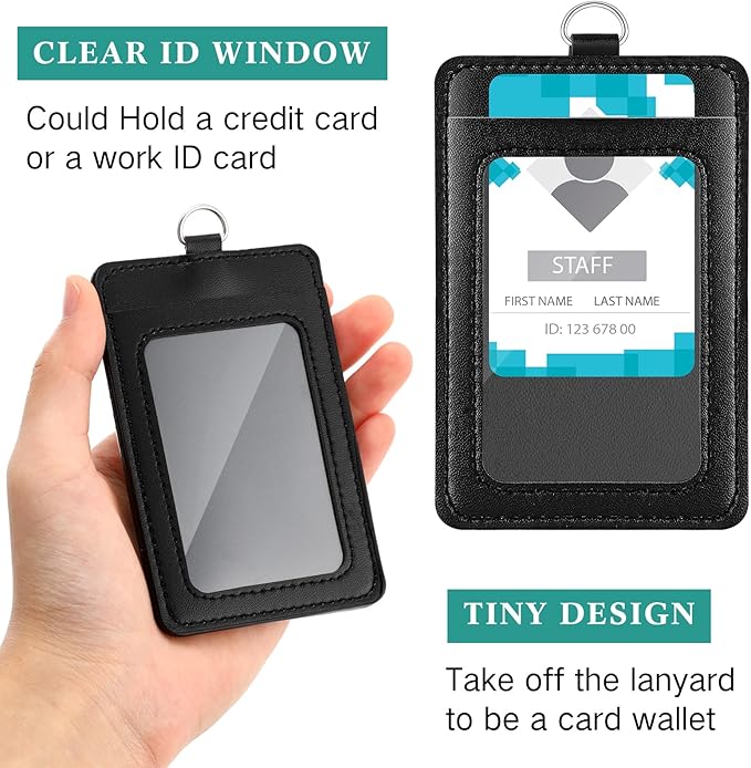 Ireer 48 Pcs ID Badge Holder with Lanyard, PU Leather Card Holder Vertical with Clear ID Access Card Window, Slot for Office Work, School Student, Black