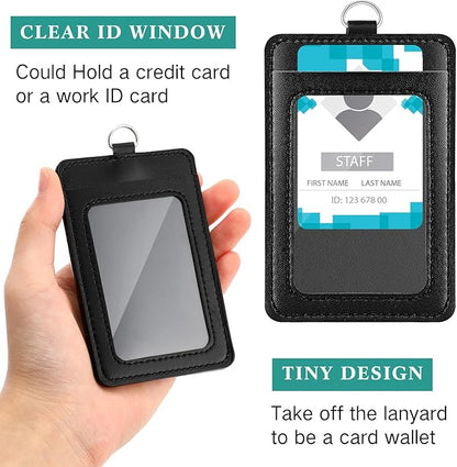 Ireer 48 Pcs ID Badge Holder with Lanyard, PU Leather Card Holder Vertical with Clear ID Access Card Window, Slot for Office Work, School Student, Black