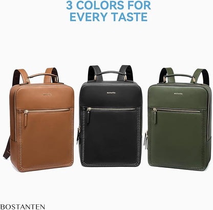 BOSTANTEN Leather Backpack 15.6 inch Laptop Bag Travel Casual Computer Backpack College Business Work Shoulder Bags with Trolley Sleeve for Women Men Olive Green