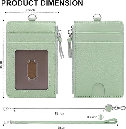 SENDEFN Retractable Badge Holder Wallet, Genuine Leather ID Card Holder with Removable Neck Lanyard Clasp, Five Card Slots, for Office Staff Women
