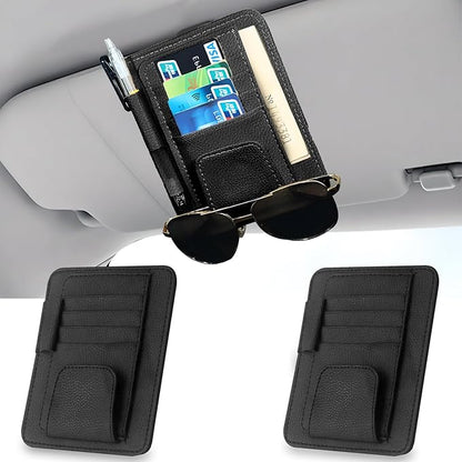 2Pcs Car Sun Visor Organizer, Slim Leather Sunglass Holder for Car, Auto Document Holder for Card, Sunglasses, Insurance, Registration, Pen, Receipt (Black)