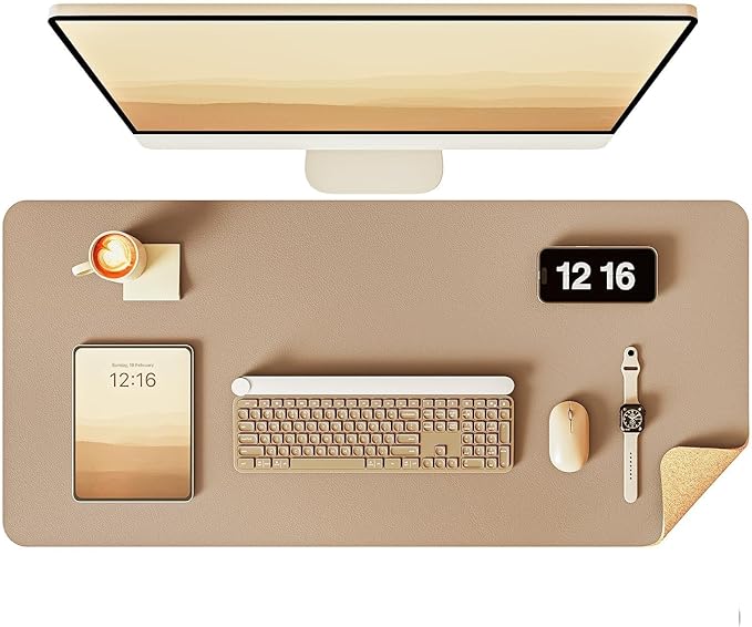 YSAGi Double-Sided Desk Pad, 35.4"x17"Leather Desk Mat, Eco Cork Desk Pad Protector,Large Mouse Pad,Waterproof Desk Blotter for Office/Home(Apricot)