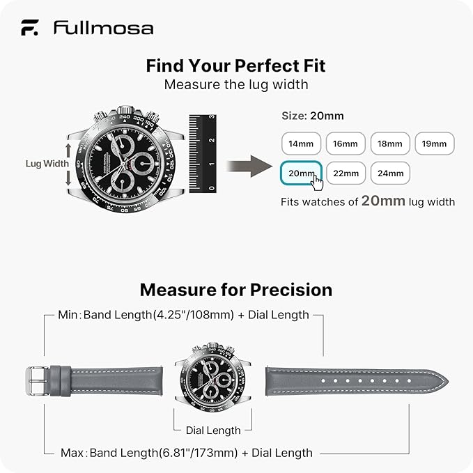 Fullmosa Watch Straps 20mm, Axus Series Leather Strap Replacement Watch Strap with Stainless Steel Metal Clasp for Men Women 14/16/18/20/22/24mm, Grey 20mm