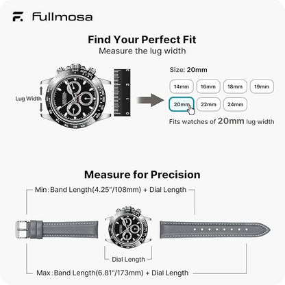 Fullmosa Watch Straps 20mm, Axus Series Leather Strap Replacement Watch Strap with Stainless Steel Metal Clasp for Men Women 14/16/18/20/22/24mm, Grey 20mm