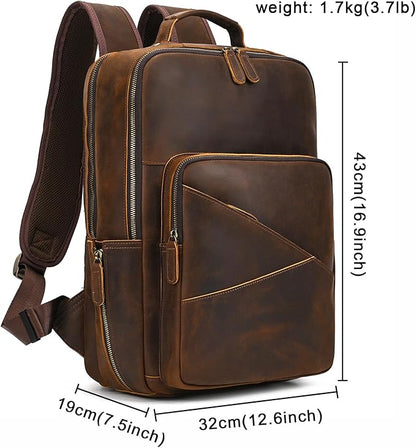 Vintage Full Grain Leather Backpack for Men, 16" Laptop Rucksack For Men Hiking Trave Work Business Bag, Brown